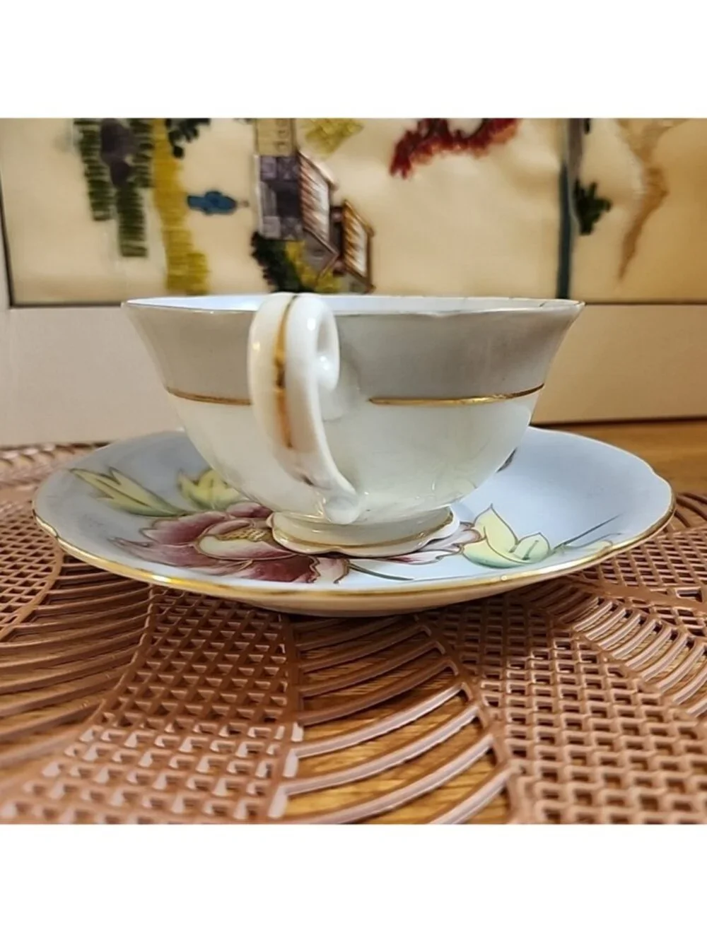 Hand Painted Gold Tea Cup & Saucer Set Vintage Bone China Blue Pink Porcelain